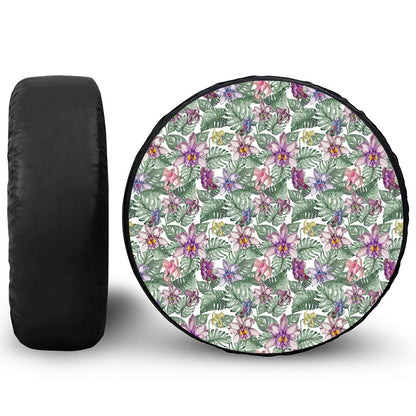 Tropical Cattleya Pattern Print Leather Spare Tire Cover