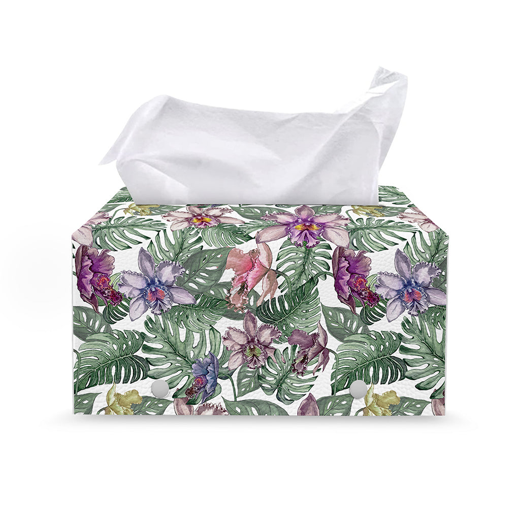 Tropical Cattleya Pattern Print Leather Tissue Box Cover