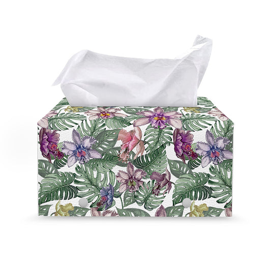 Tropical Cattleya Pattern Print Leather Tissue Box Cover