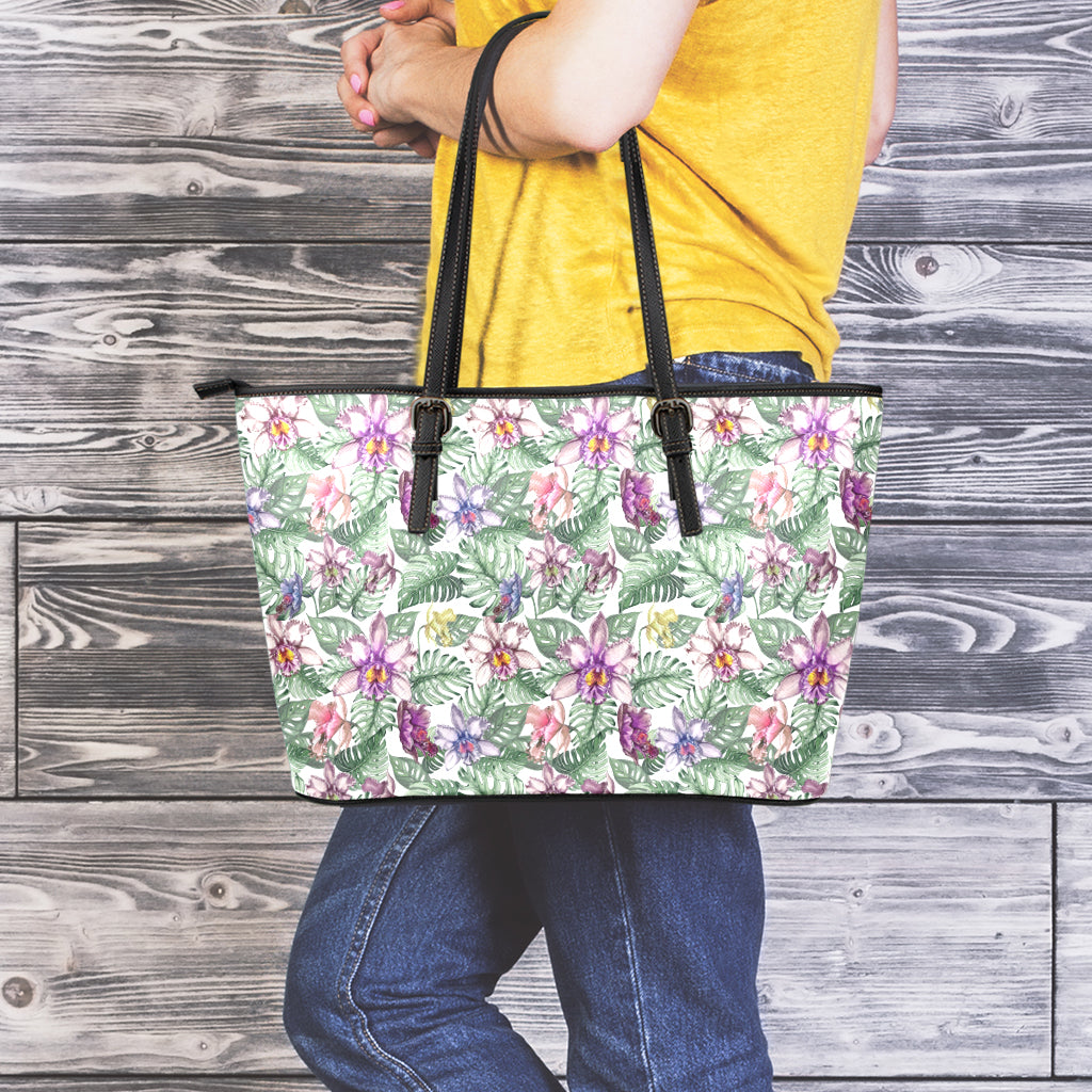 Tropical Cattleya Pattern Print Leather Tote Bag