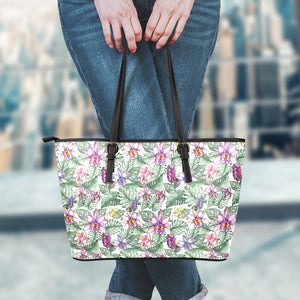 Tropical Cattleya Pattern Print Leather Tote Bag