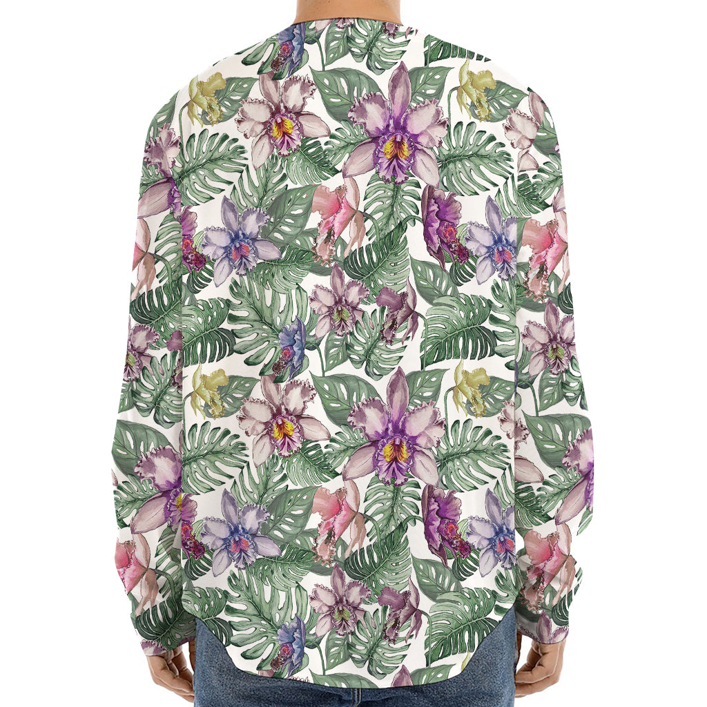 Tropical Cattleya Pattern Print Long Sleeve Baseball Jersey