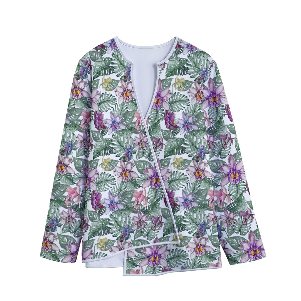 Tropical Cattleya Pattern Print Long Sleeve Short Coat