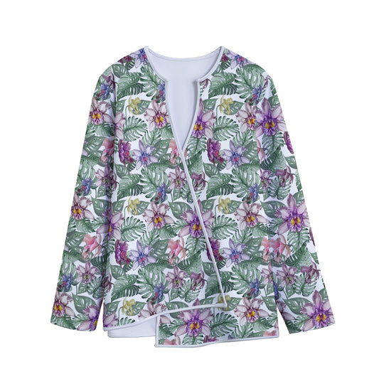 Tropical Cattleya Pattern Print Long Sleeve Short Coat