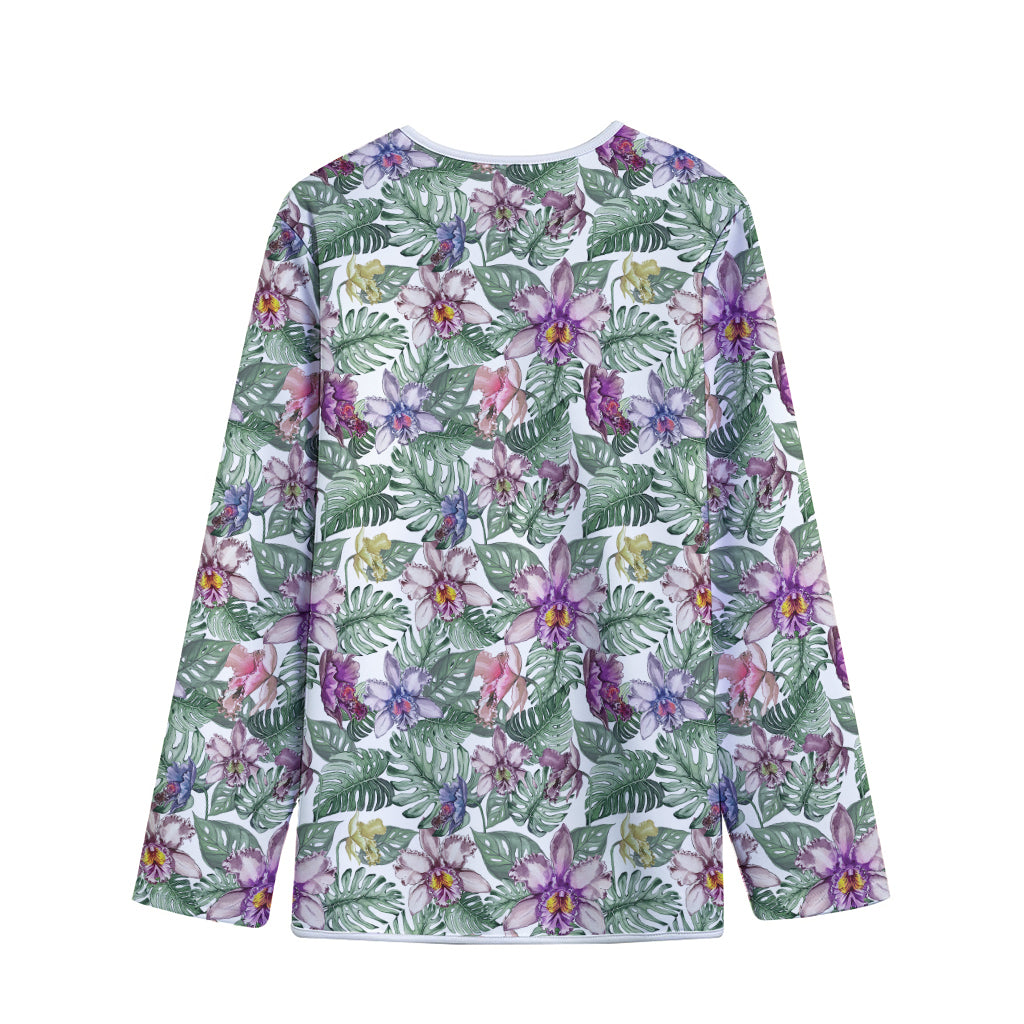 Tropical Cattleya Pattern Print Long Sleeve Short Coat
