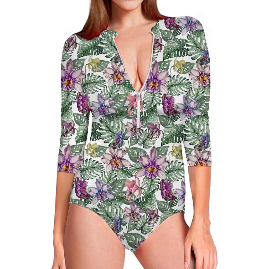 Tropical Cattleya Pattern Print Long Sleeve Swimsuit