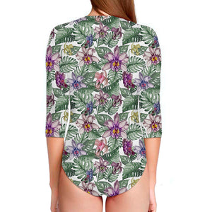 Tropical Cattleya Pattern Print Long Sleeve Swimsuit