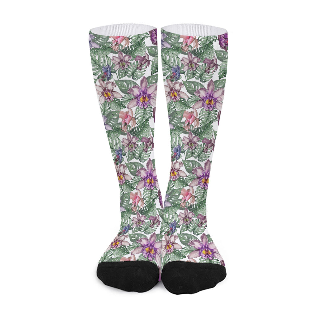 Tropical Cattleya Pattern Print Long Socks