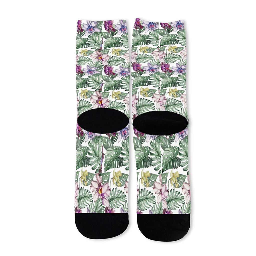 Tropical Cattleya Pattern Print Long Socks