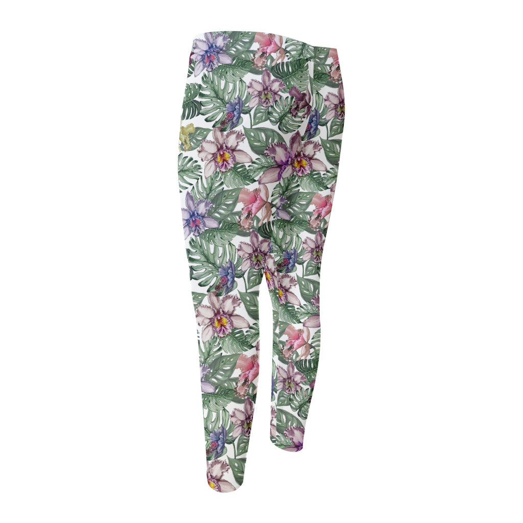 Tropical Cattleya Pattern Print Men's Compression Pants