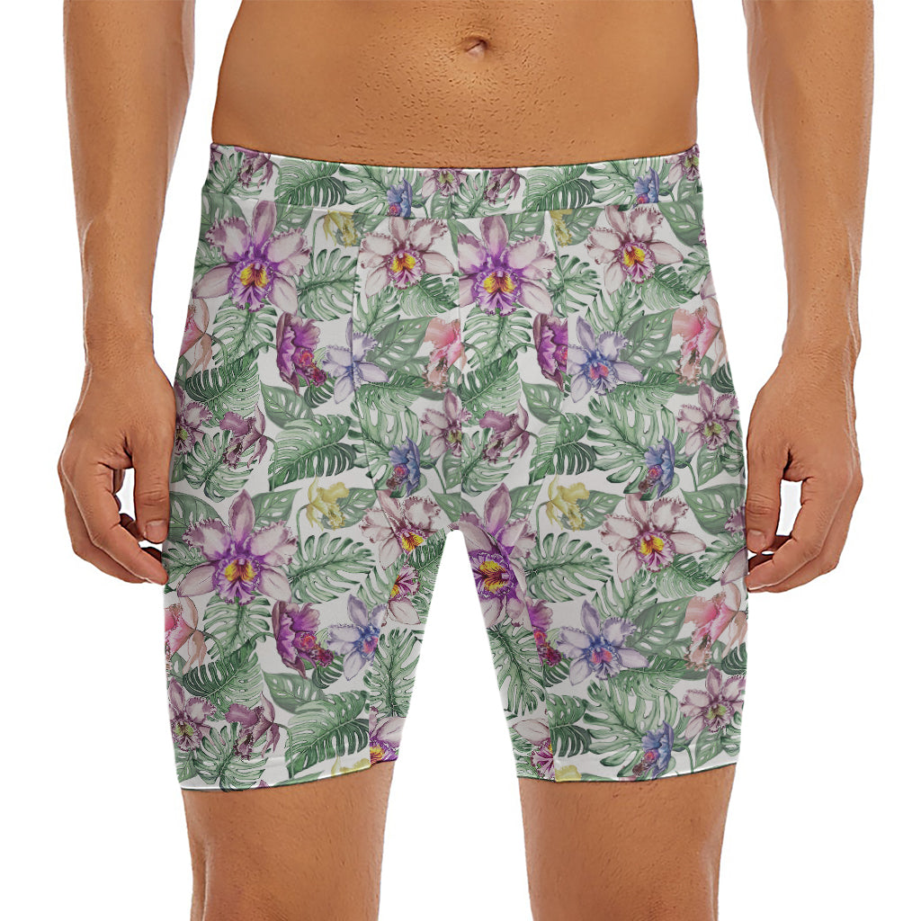 Tropical Cattleya Pattern Print Men's Long Boxer Briefs