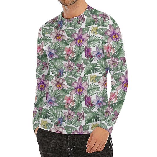 Tropical Cattleya Pattern Print Men's Long Sleeve Rash Guard