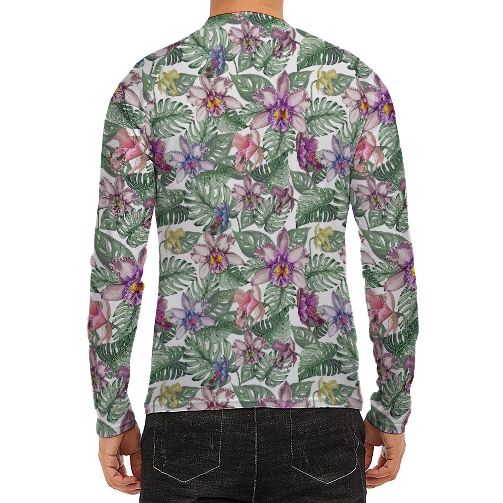Tropical Cattleya Pattern Print Men's Long Sleeve Rash Guard