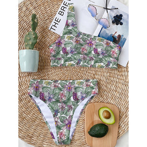 Tropical Cattleya Pattern Print One Shoulder Bikini Top