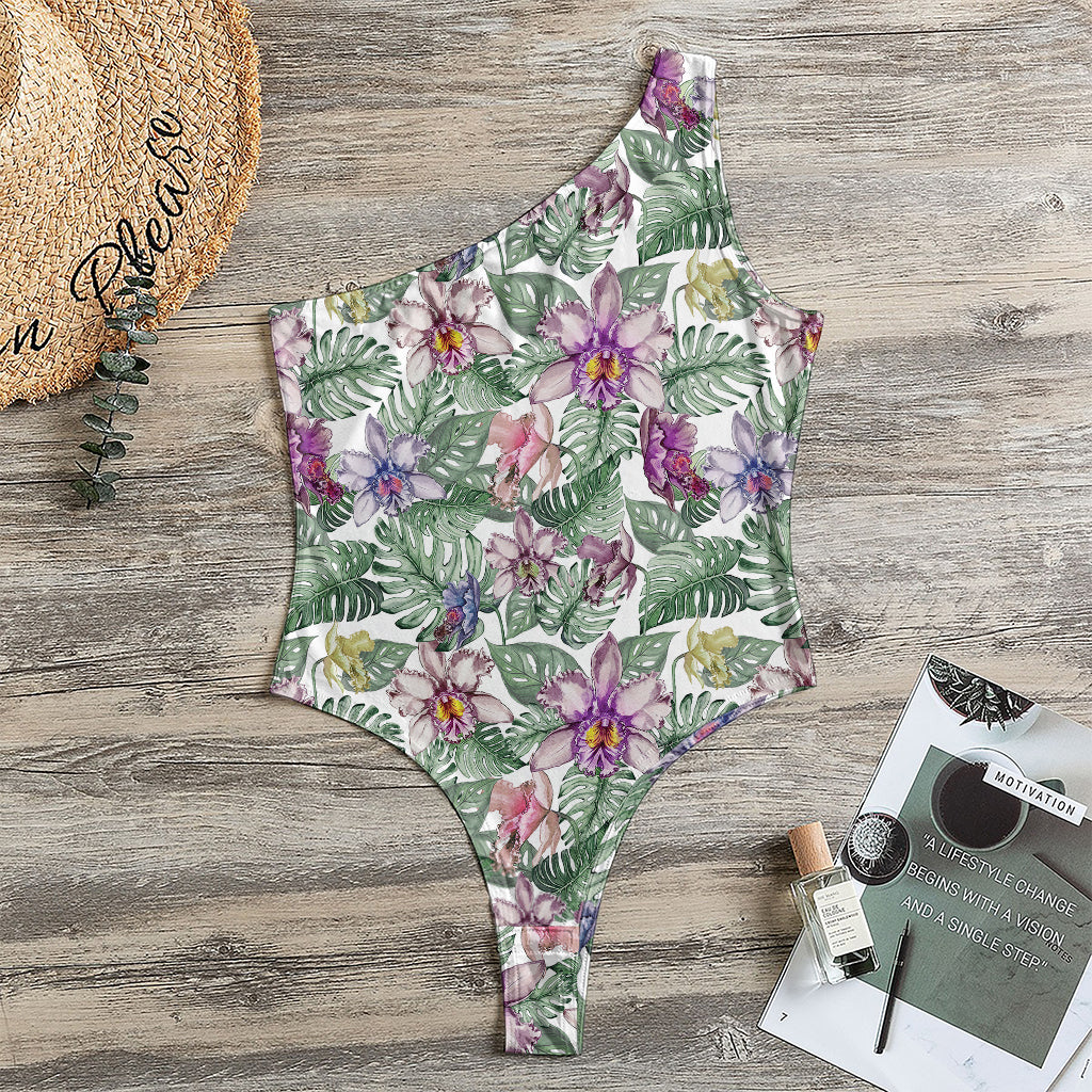 Tropical Cattleya Pattern Print One Shoulder Bodysuit