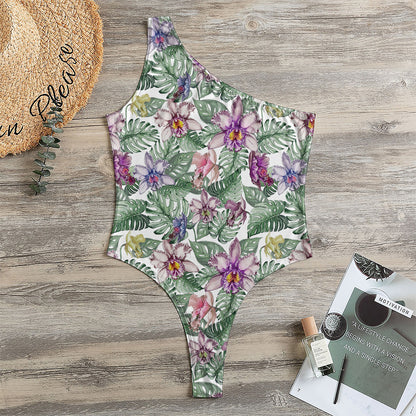 Tropical Cattleya Pattern Print One Shoulder Bodysuit