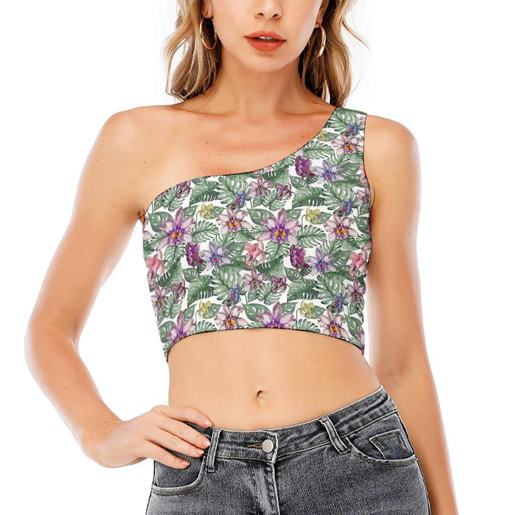 Tropical Cattleya Pattern Print One Shoulder Crop Top
