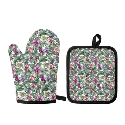 Tropical Cattleya Pattern Print Oven Mitt And Pot Holder Set