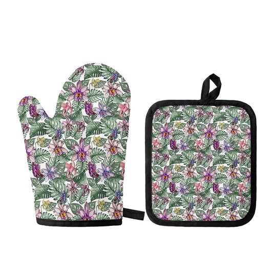 Tropical Cattleya Pattern Print Oven Mitt And Pot Holder Set