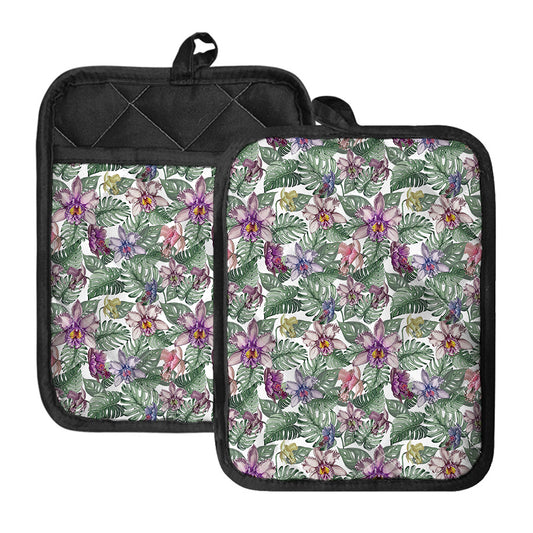 Tropical Cattleya Pattern Print Pot Holders With Pocket