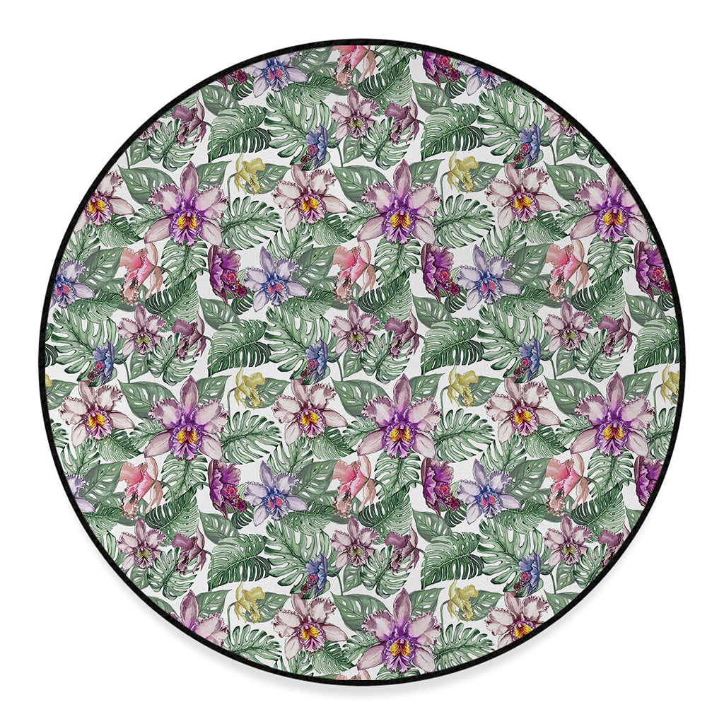 Tropical Cattleya Pattern Print Round Floor Mat