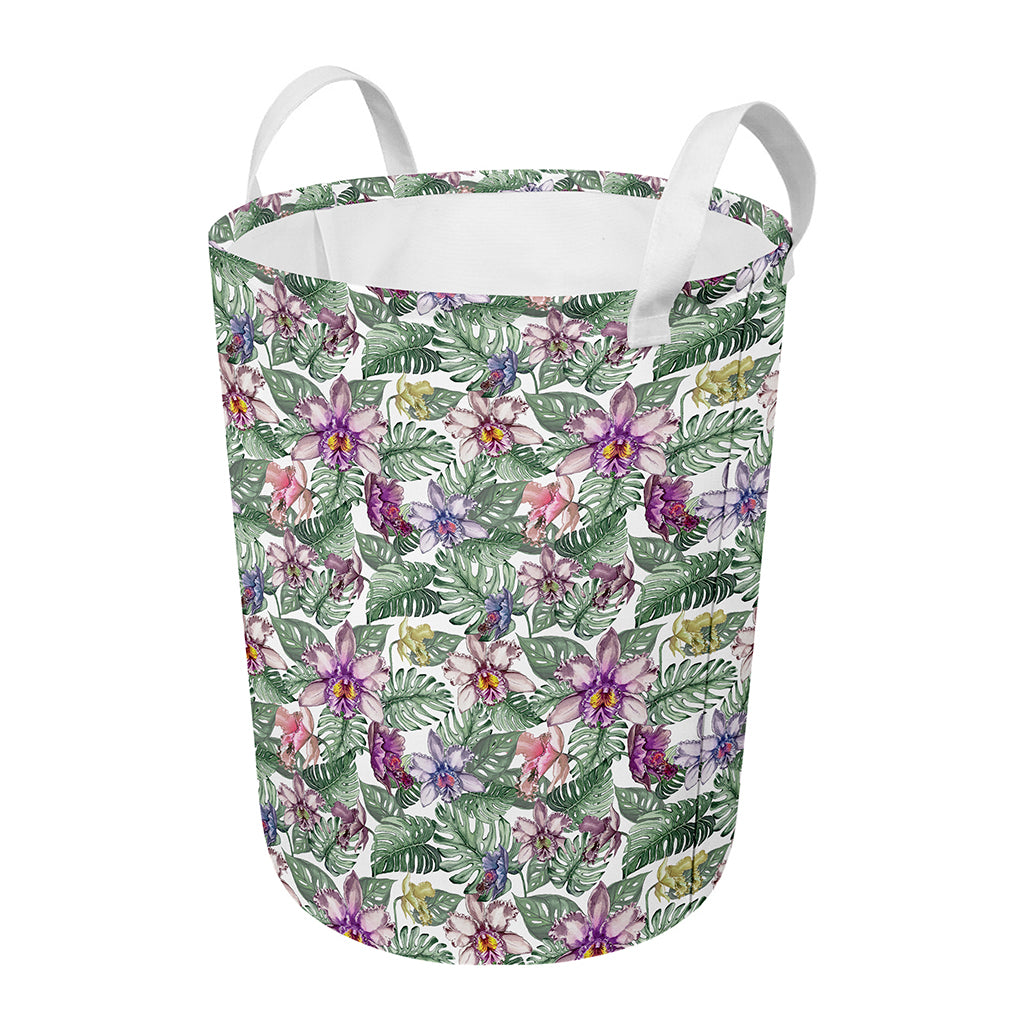 Tropical Cattleya Pattern Print Round Laundry Basket