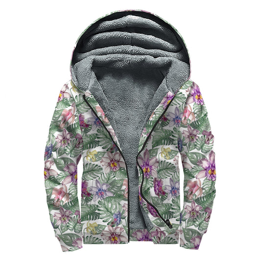 Tropical Cattleya Pattern Print Sherpa Lined Zip Up Hoodie