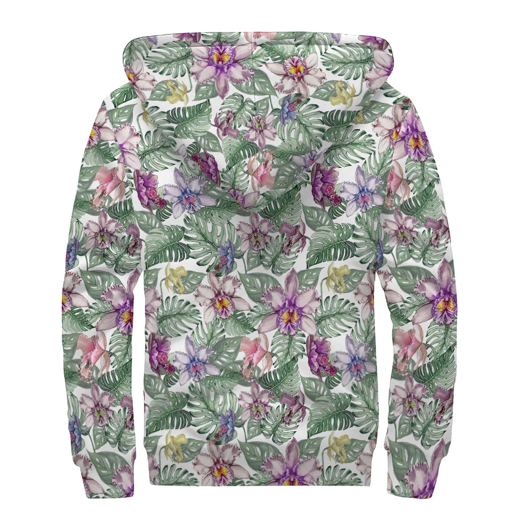 Tropical Cattleya Pattern Print Sherpa Lined Zip Up Hoodie