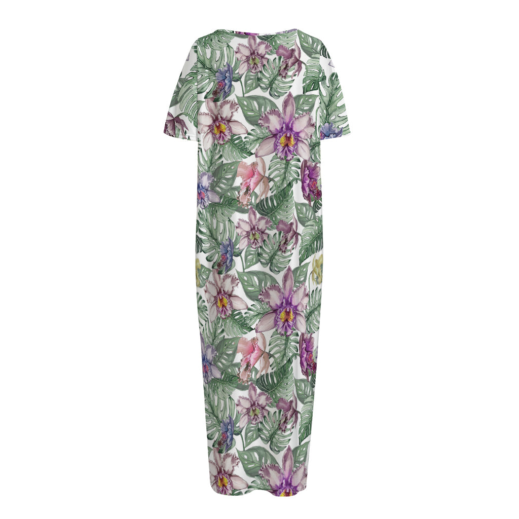 Tropical Cattleya Pattern Print Short Sleeve Long Nightdress