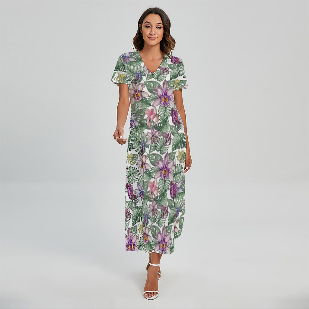 Tropical Cattleya Pattern Print Short Sleeve Maxi Dress