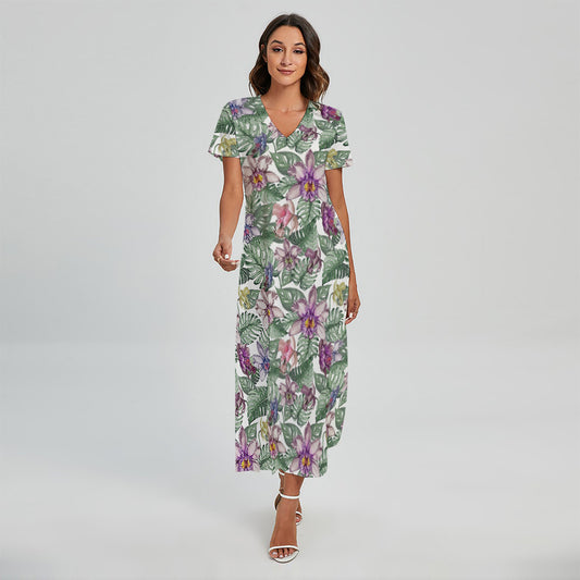 Tropical Cattleya Pattern Print Short Sleeve Maxi Dress