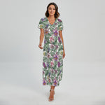 Tropical Cattleya Pattern Print Short Sleeve Maxi Dress