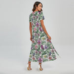 Tropical Cattleya Pattern Print Short Sleeve Maxi Dress