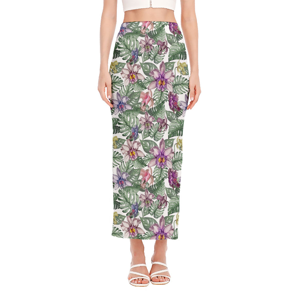 Tropical Cattleya Pattern Print Side Slit Maxi Skirt