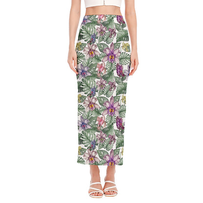 Tropical Cattleya Pattern Print Side Slit Maxi Skirt