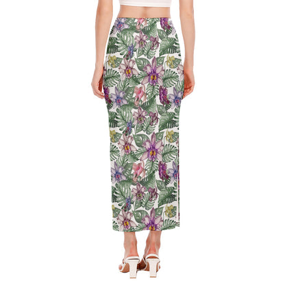 Tropical Cattleya Pattern Print Side Slit Maxi Skirt
