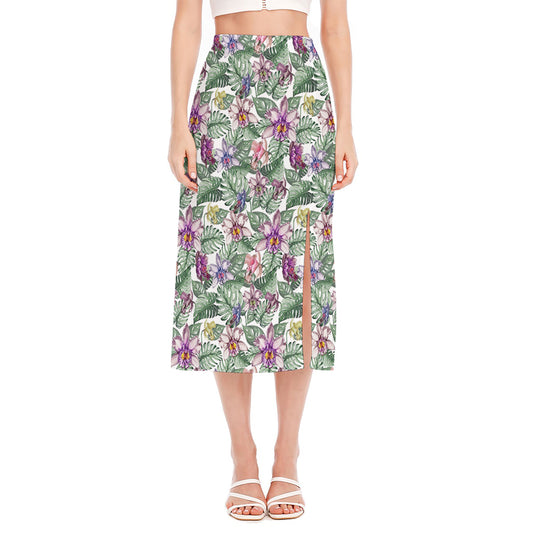 Tropical Cattleya Pattern Print Side Slit Midi Skirt