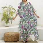 Tropical Cattleya Pattern Print Silk V-Neck Kaftan Dress