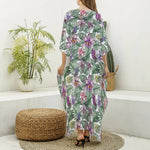 Tropical Cattleya Pattern Print Silk V-Neck Kaftan Dress