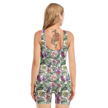 Tropical Cattleya Pattern Print Sleeveless One Piece Swimsuit