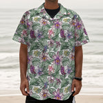 Tropical Cattleya Pattern Print Textured Short Sleeve Shirt