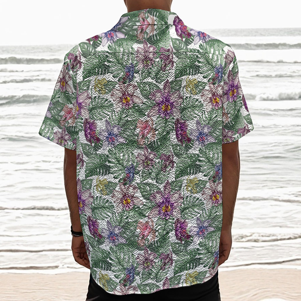 Tropical Cattleya Pattern Print Textured Short Sleeve Shirt