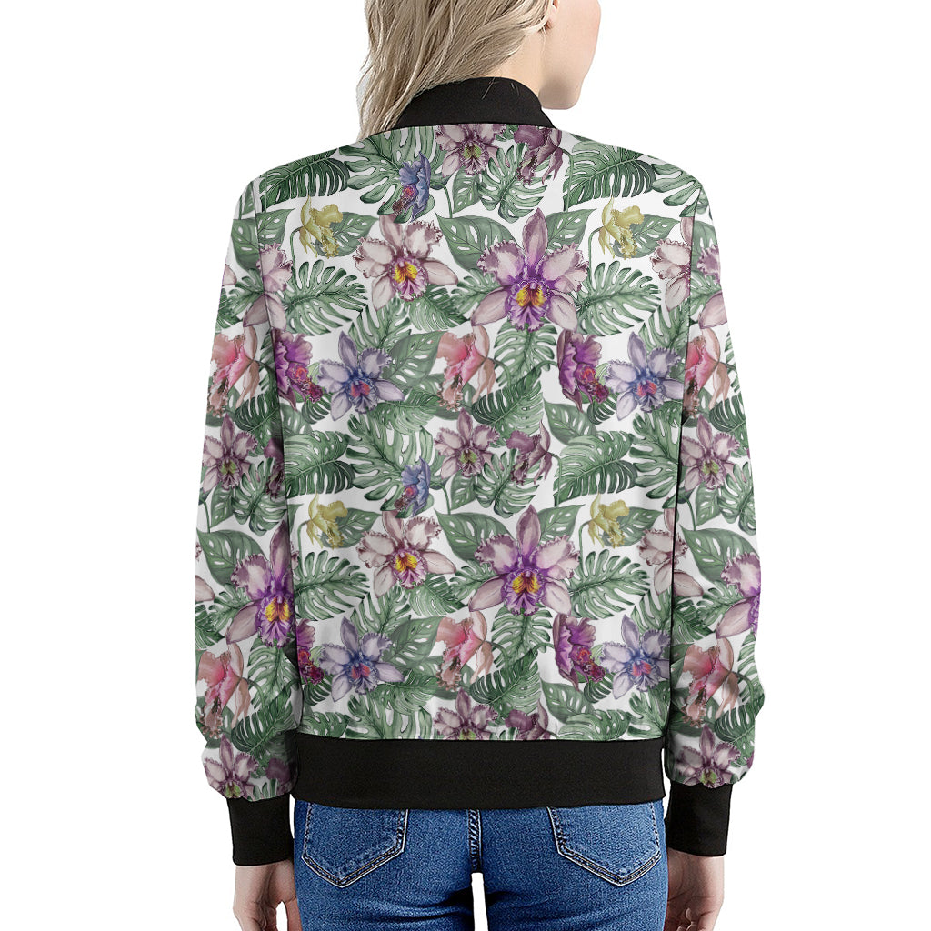 Tropical Cattleya Pattern Print Women's Bomber Jacket