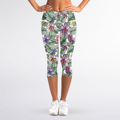 Tropical Cattleya Pattern Print Women's Capri Leggings