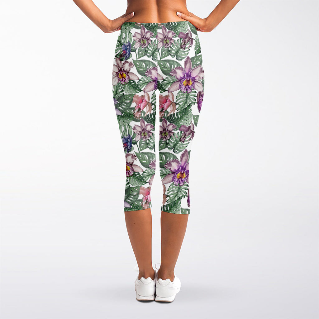 Tropical Cattleya Pattern Print Women's Capri Leggings