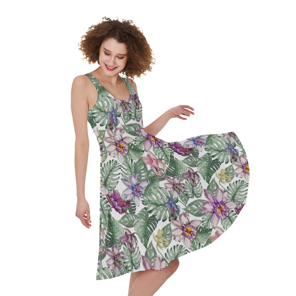 Tropical Cattleya Pattern Print Women's Sleeveless Dress