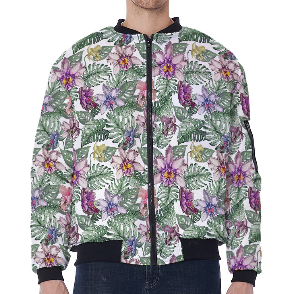 Tropical Cattleya Pattern Print Zip Sleeve Bomber Jacket