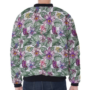 Tropical Cattleya Pattern Print Zip Sleeve Bomber Jacket