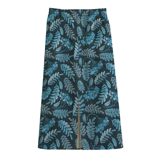 Tropical Denim Jeans Pattern Print Cotton Front Slit Maxi Skirt