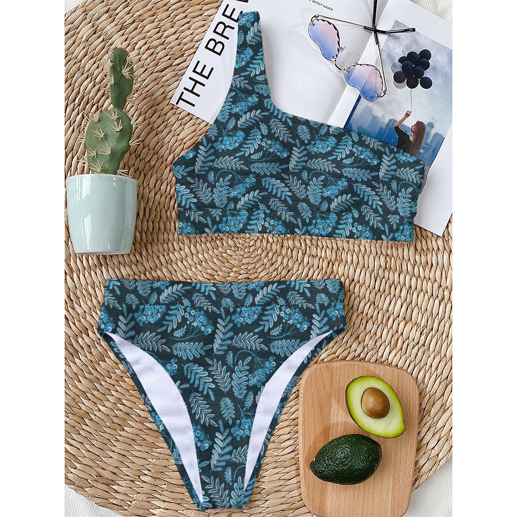 Tropical Denim Jeans Pattern Print One Shoulder Bikini Top